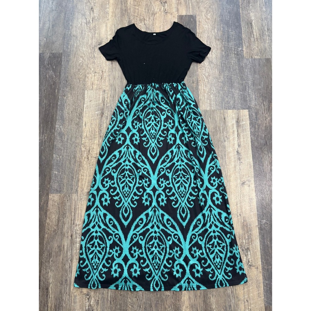 Womens Black Teal Damask Print Short Sleeve Empire Waist Maxi‎ Dress Size Medium